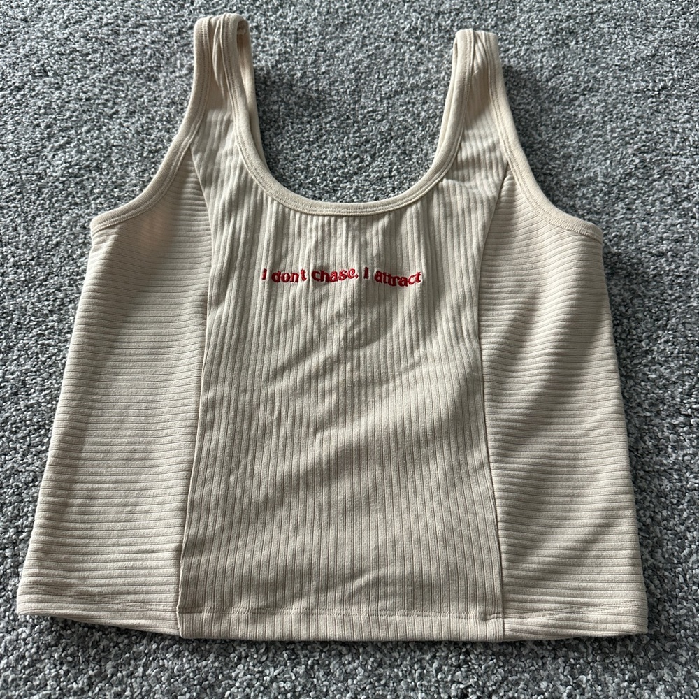 Beige Ribbed Tank Top with Red Embroidery